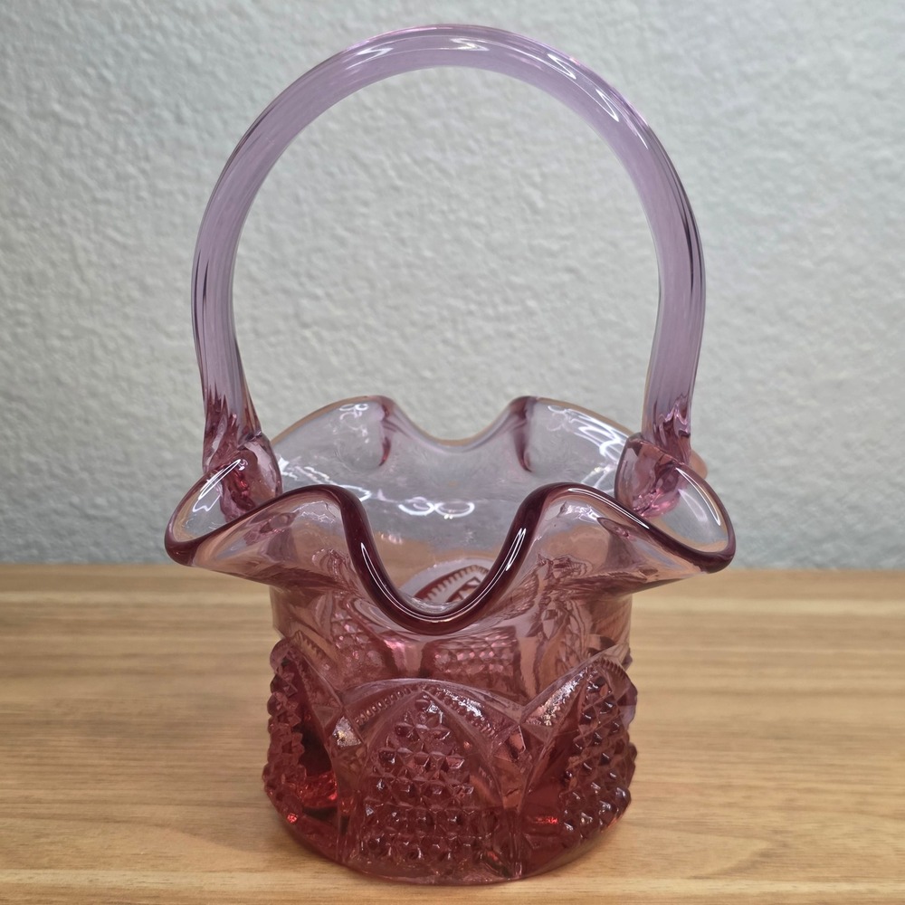 Fenton Dusty Rose Pink Button and Arches Glass Basket Twisted Handle Vintage MCM - Picture 4 of 11
